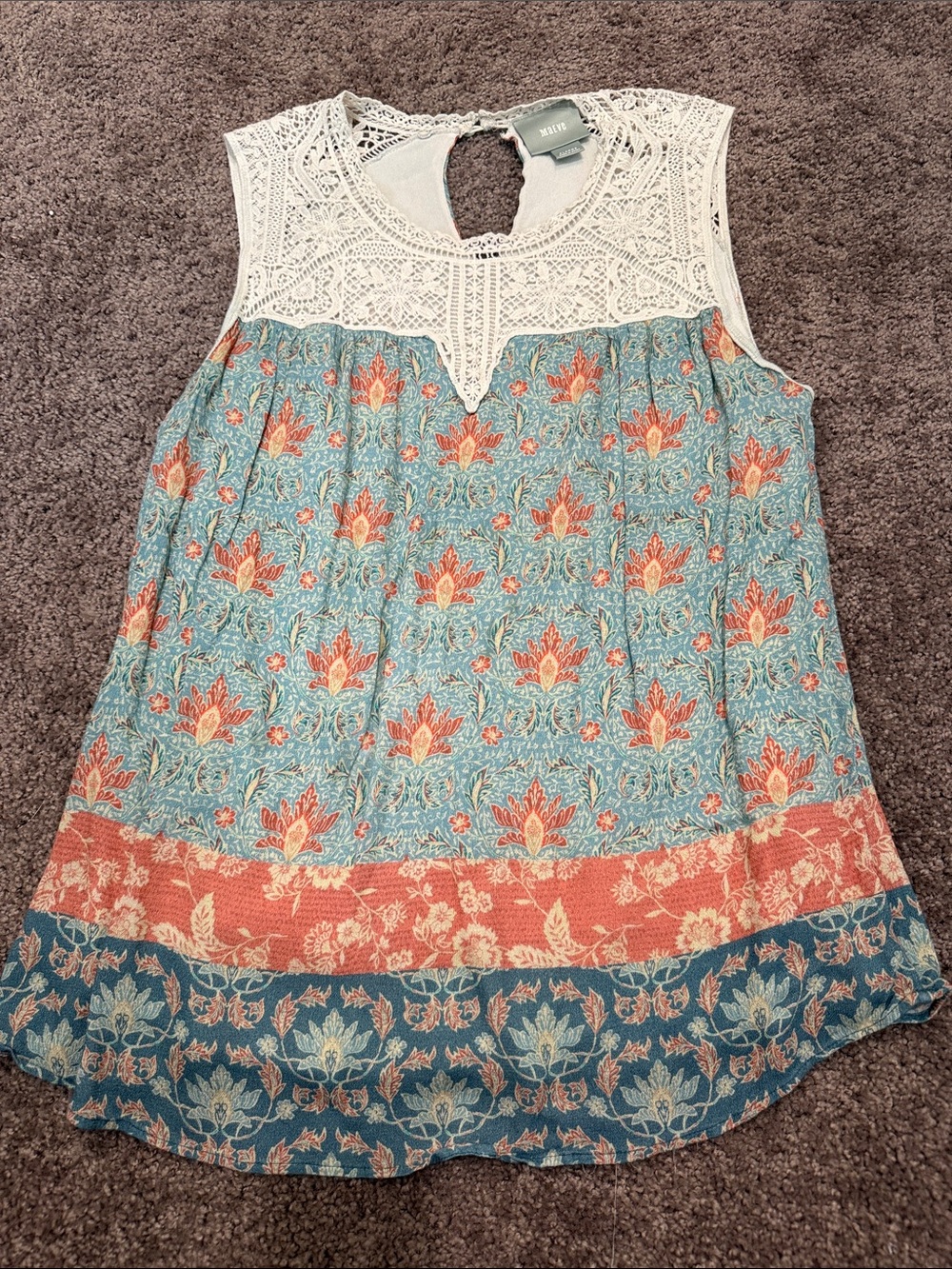 Anthropologie Maeve Teal and Coral Floral Lace-Yoke Sleeveless Camisole